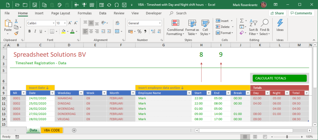 TIME REGISTRATION Calculate Multiple Time Shift Hours